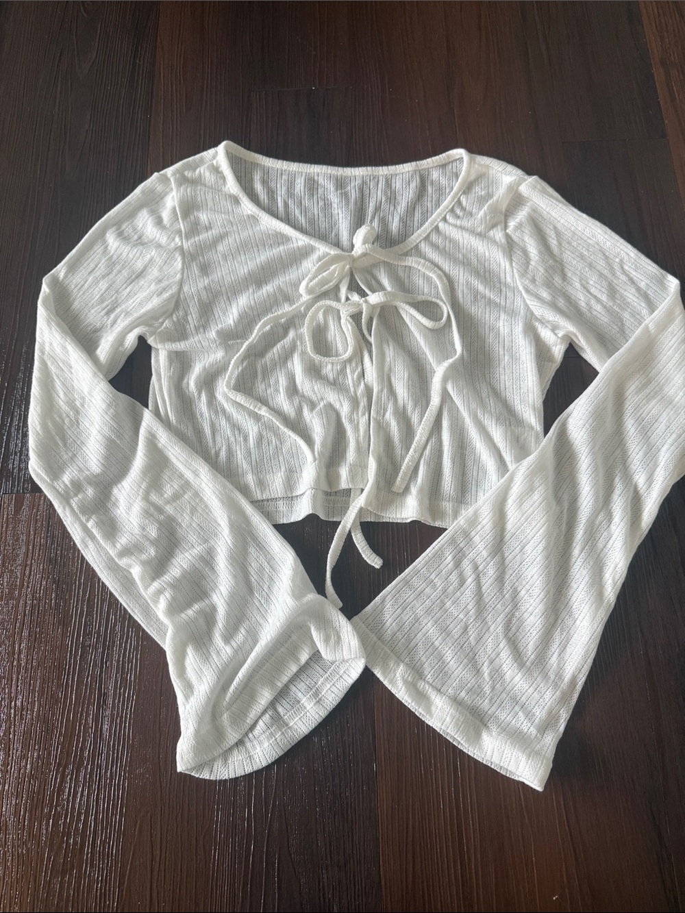 White Ribbed Tie-Front Long Sleeve Sheer Crop Top